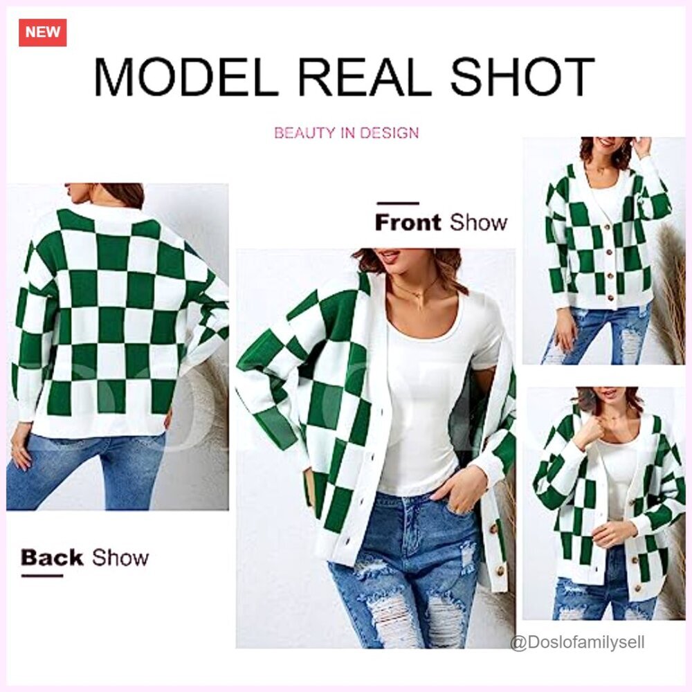 Oversized Cable Knit Cardigan, V-Neck Button Down Long Sleeve Plaid Sweater - Picture 4 of 7